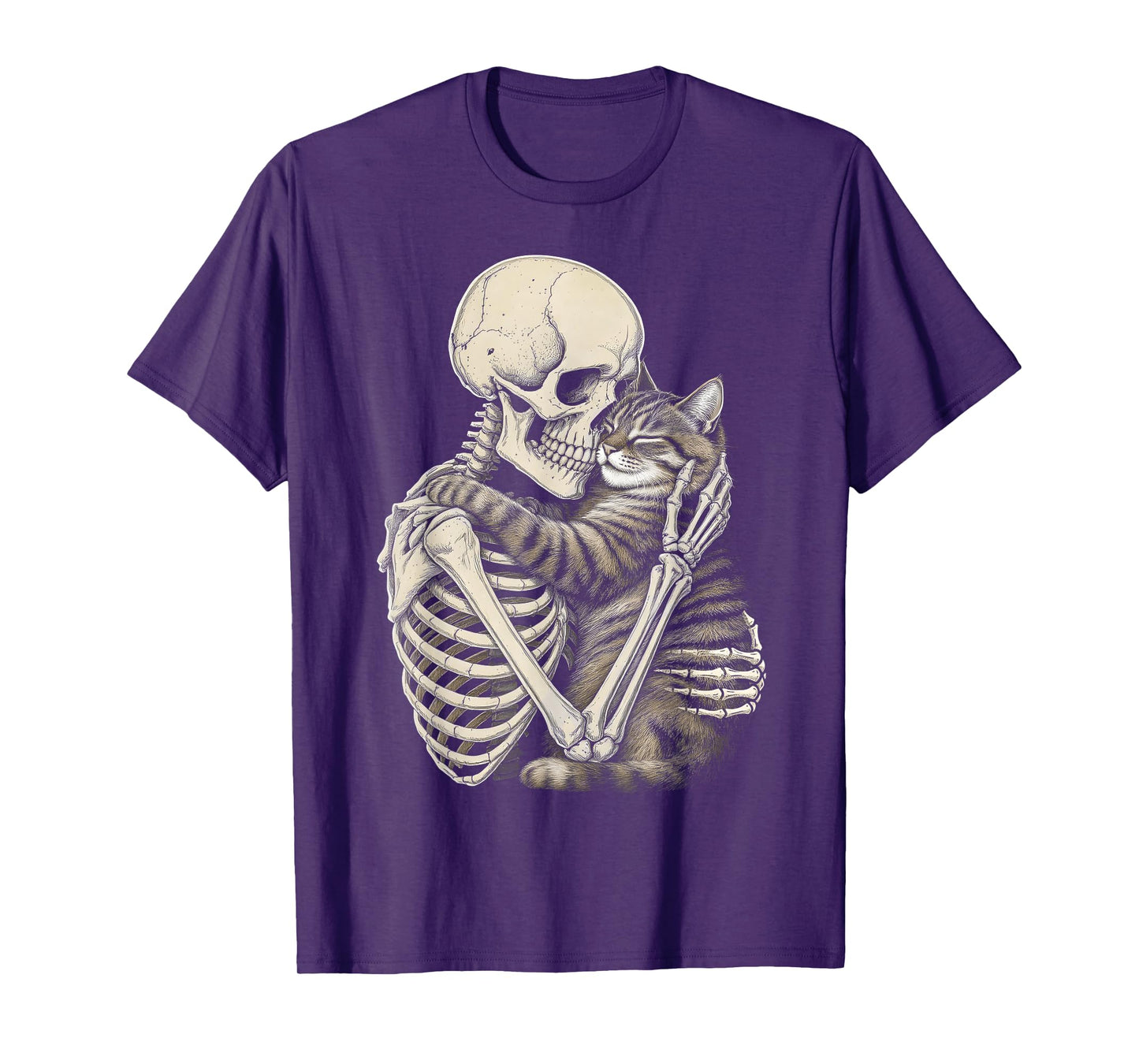 Skeleton Hugging Cat Halloween Cats Lover T-Shirt