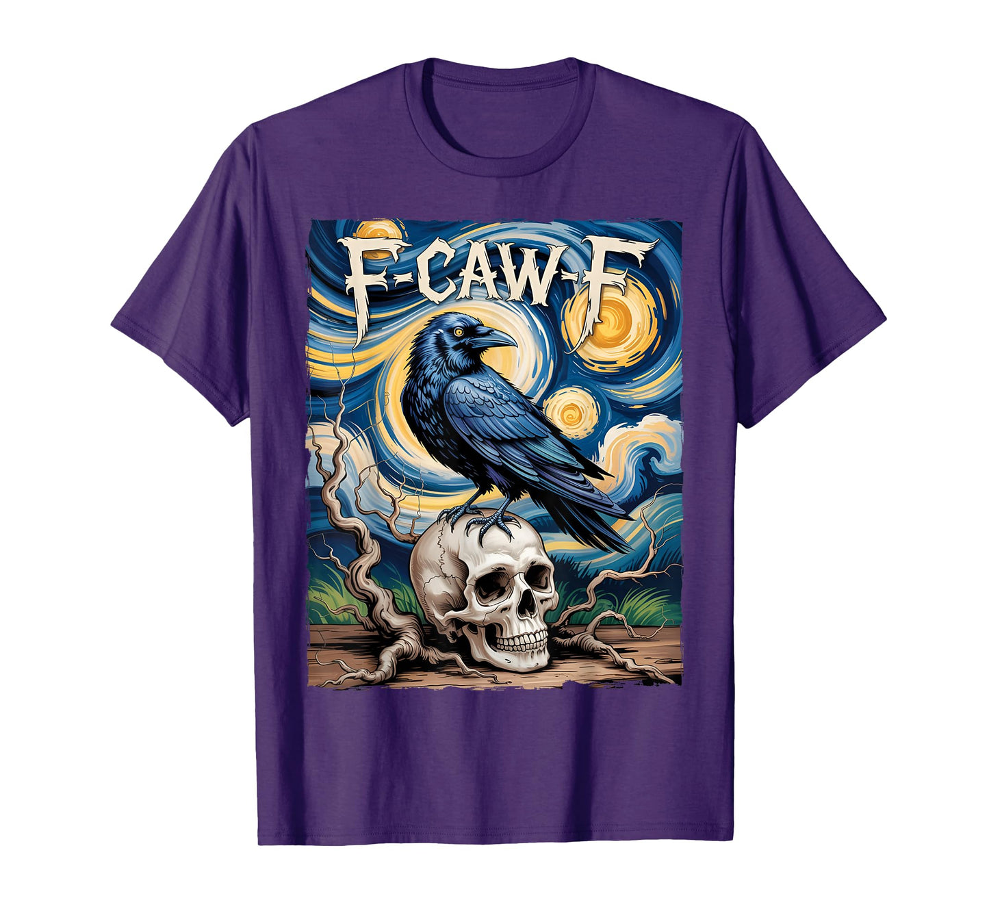 Starry Night Halloween Black Crow Skull Raven F Caw F Humor T-Shirt