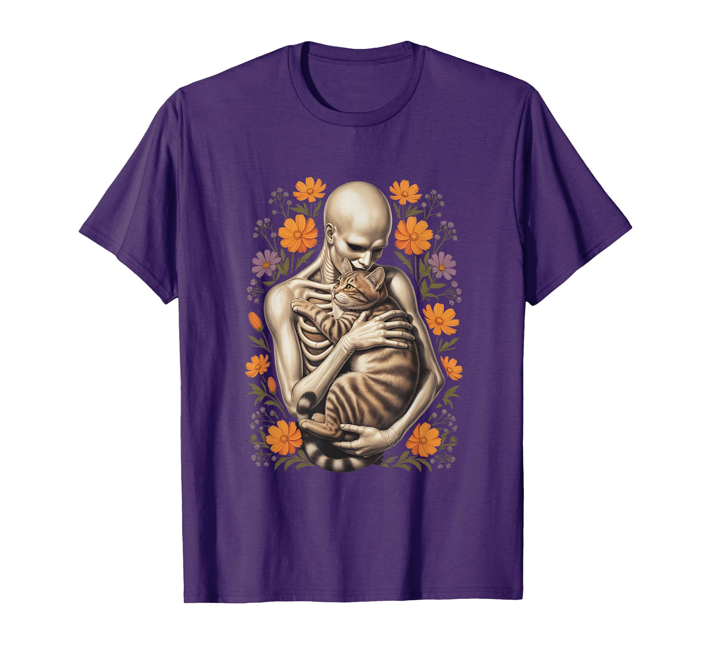 Funny Skeleton Hugging Cat Floral Halloween Cats Lover T-Shirt