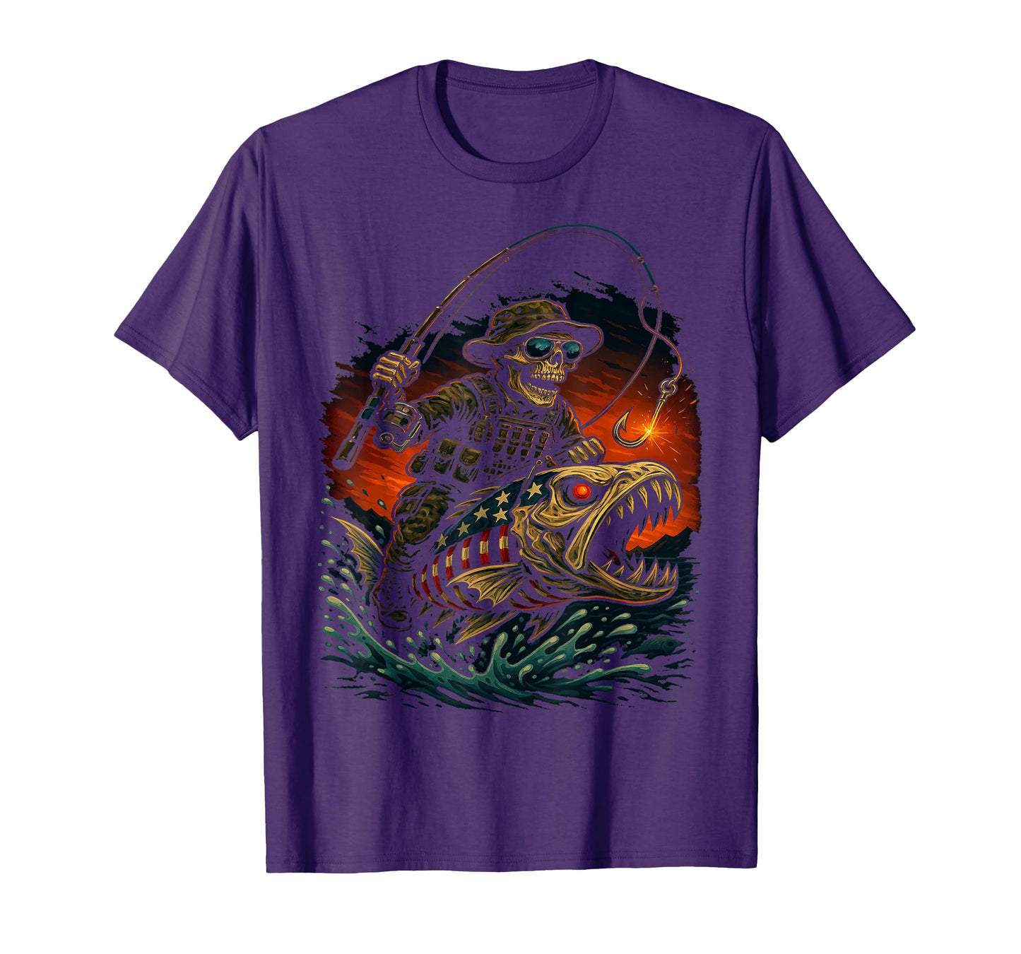 Fishing American Flag Bass Fish Skull Skeleton Fisherman T-Shirt
