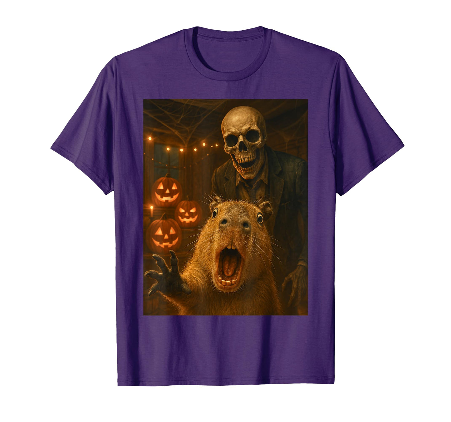 Scared Capybara Selfie with Skeleton Funny Halloween Outfit T-Shirt