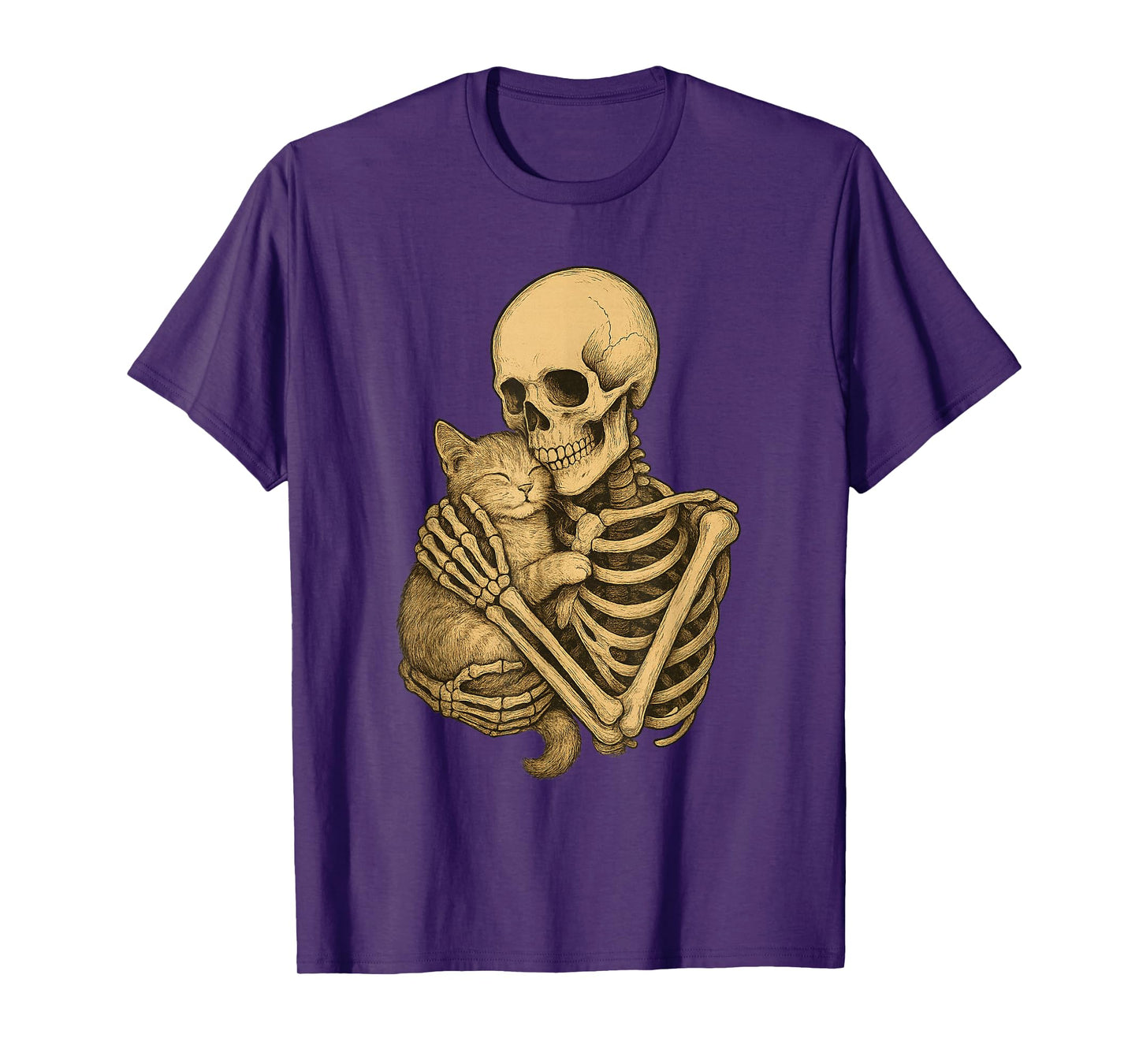 Spooky Halloween Cute Cat Hugging Skeleton T-Shirt