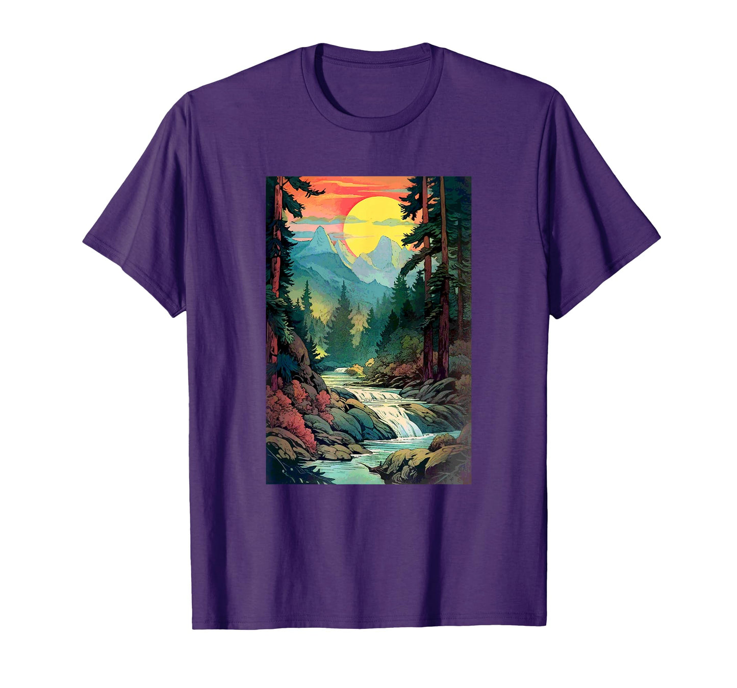 Mountains Trees River Waterfall Woodsy Nature Scene Outdoors T-Shirt