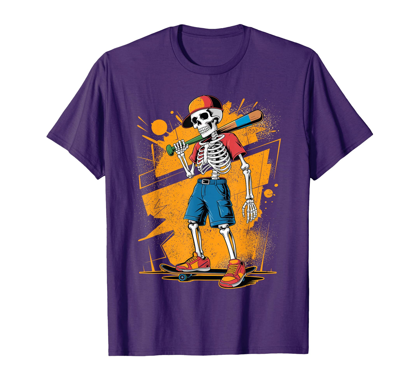 Halloween Skeleton Baseball Skateboard Teen Graffiti Graphic T-Shirt