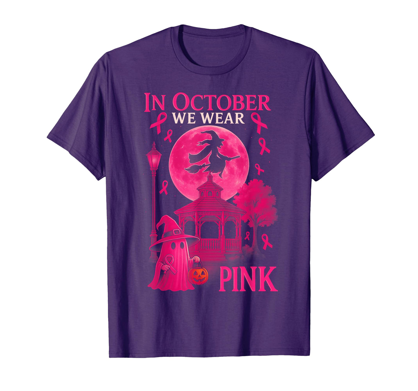 HUGvyn in October We Wear Pink Witch Halloween Breast Cancer T-Shirt