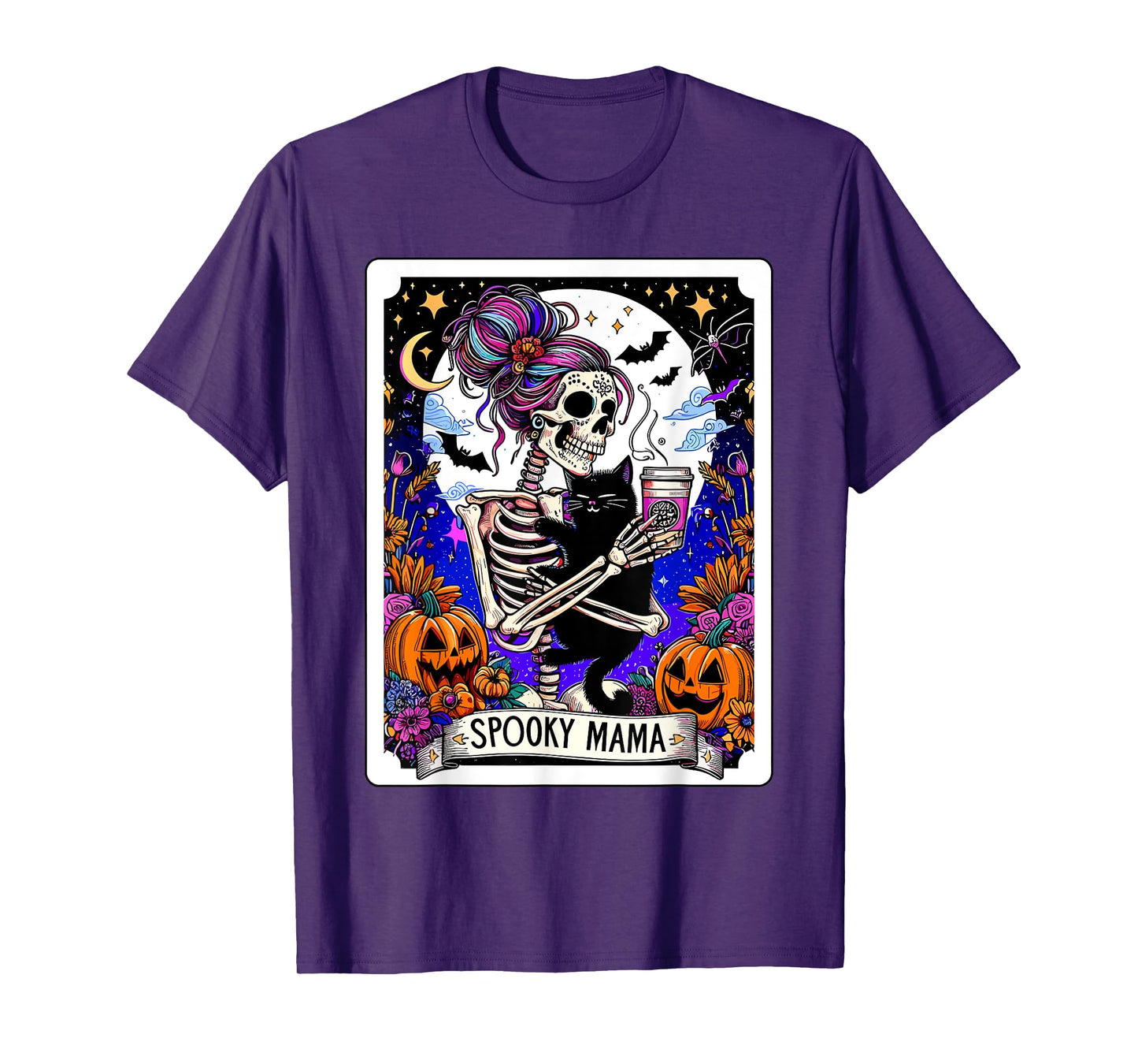 Spooky Mama Tarot Card Halloween Mom Skull Mama Black Cat T-Shirt for Men Women Kids