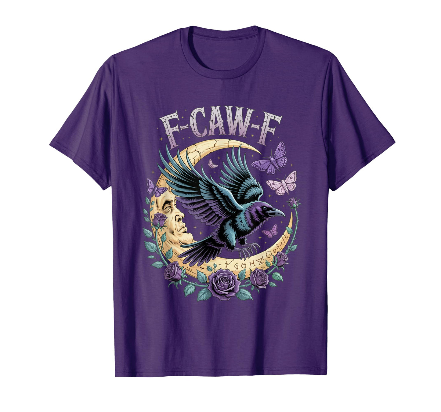F CAW F Gothic Fly Raven Moon Face Rune Rose Fantasy Moth T-Shirt