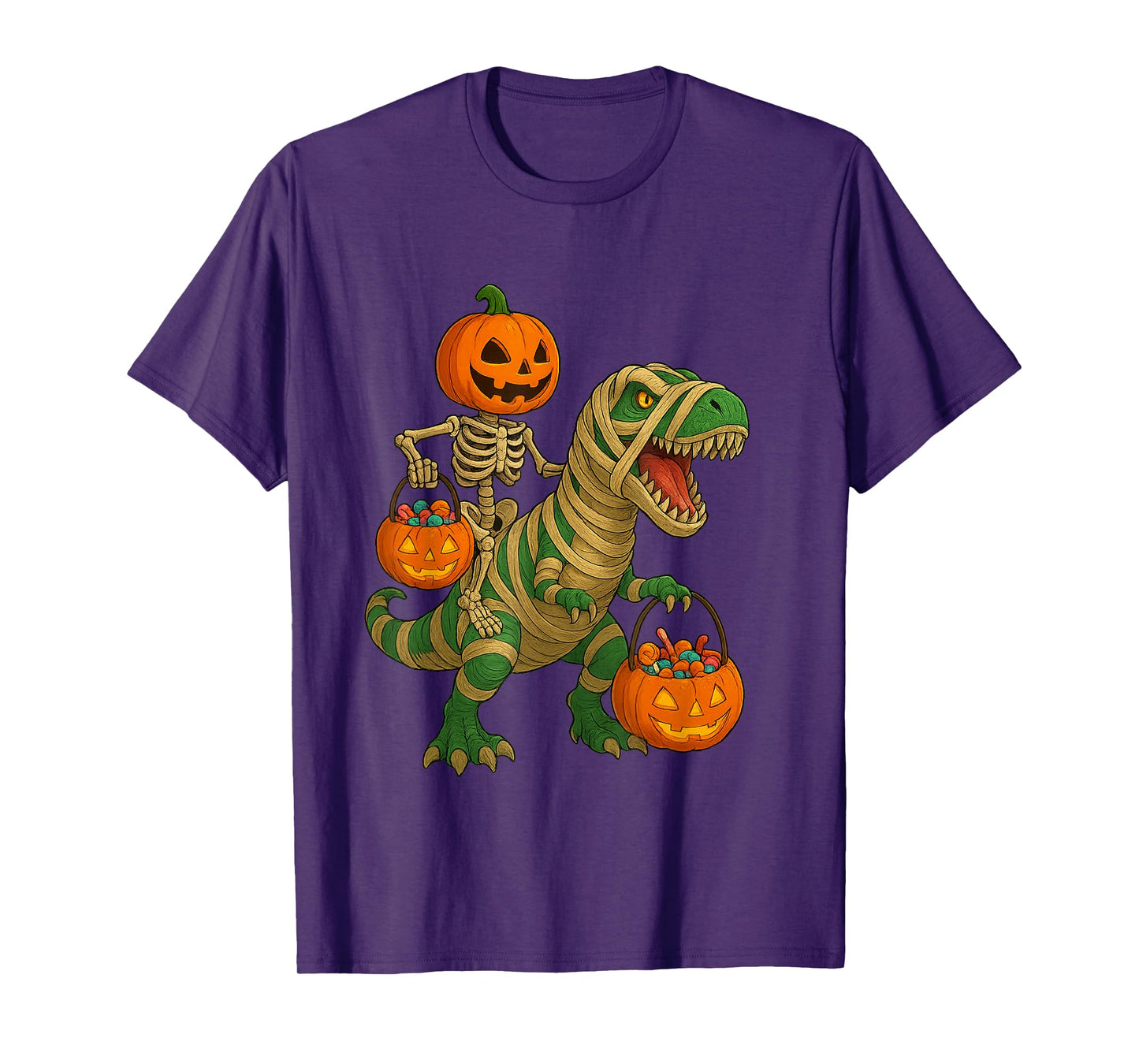 Halloween Skeleton on T-Rex Dinosaur with Pumpkin Candy T-Shirt