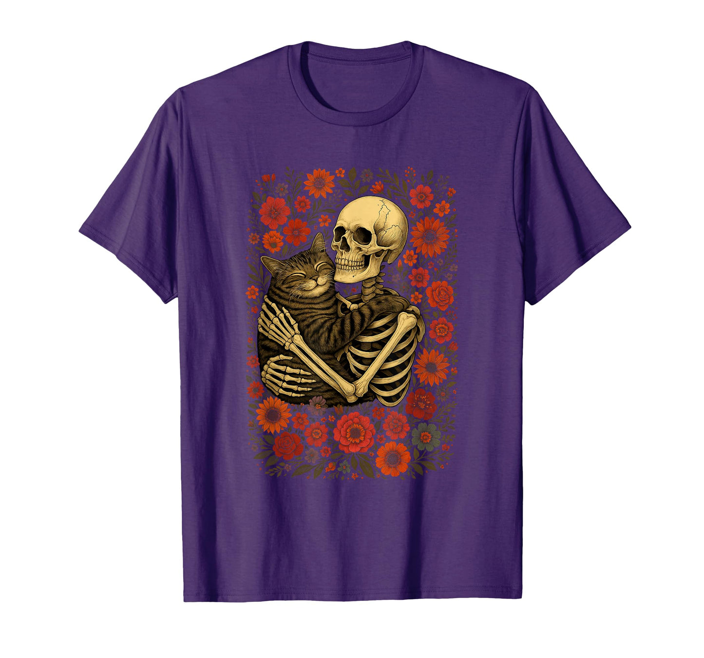 Funny Skeleton Hugging Cat Floral Halloween Cats Lover Women T-Shirt