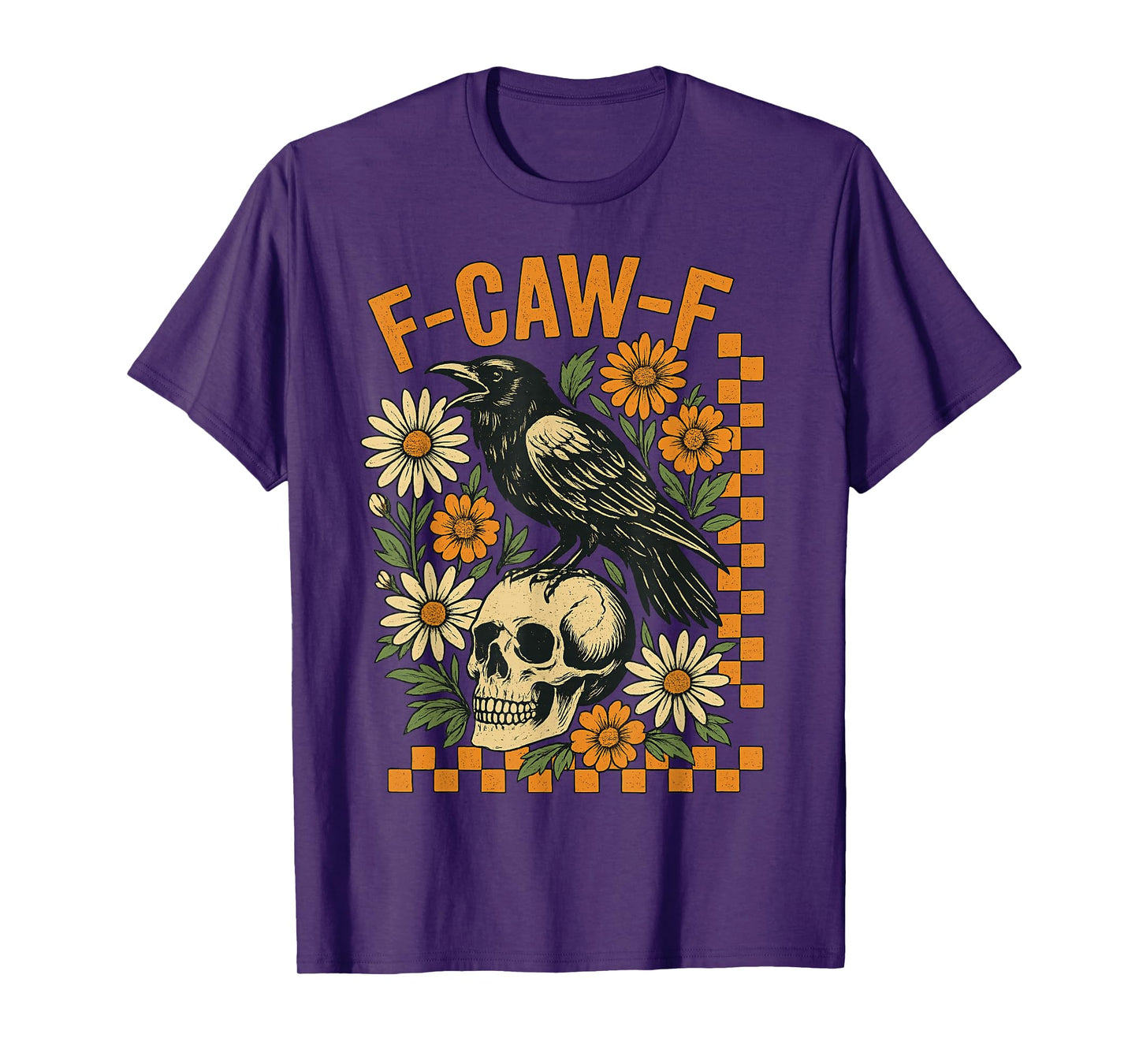 F-Caw-F Raven Crow Tee Halloween Skull Boho Flower Checkered T-Shirt
