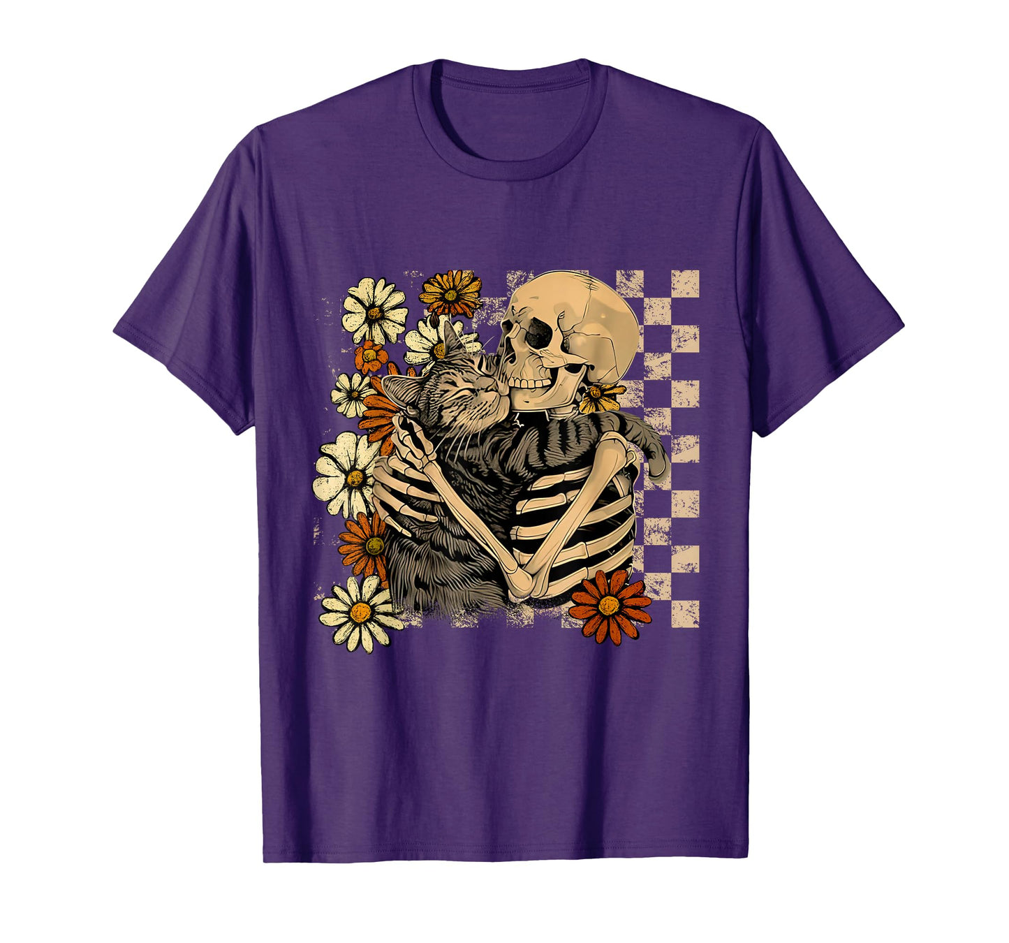Spooky Skeleton Hugging Cat Retro Floral Halloween Season T-Shirt