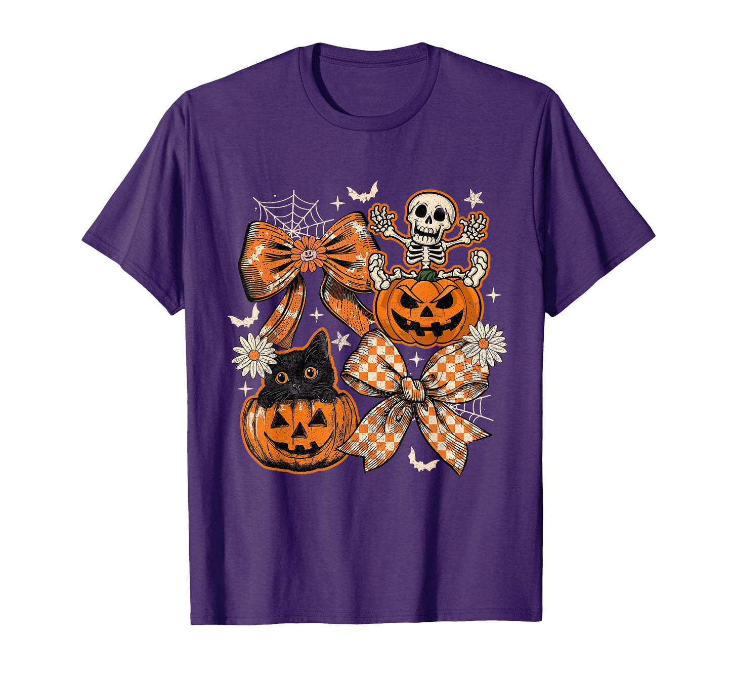 Retro Pumpkin Cat Bow Skeleton Checkered Halloween Costumes T-Shirt