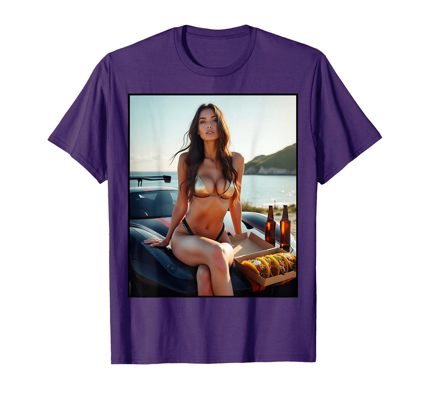 Sexy Girl Graphic Tee - Sexy Latina Girl Sports Car & Tacos T-Shirt