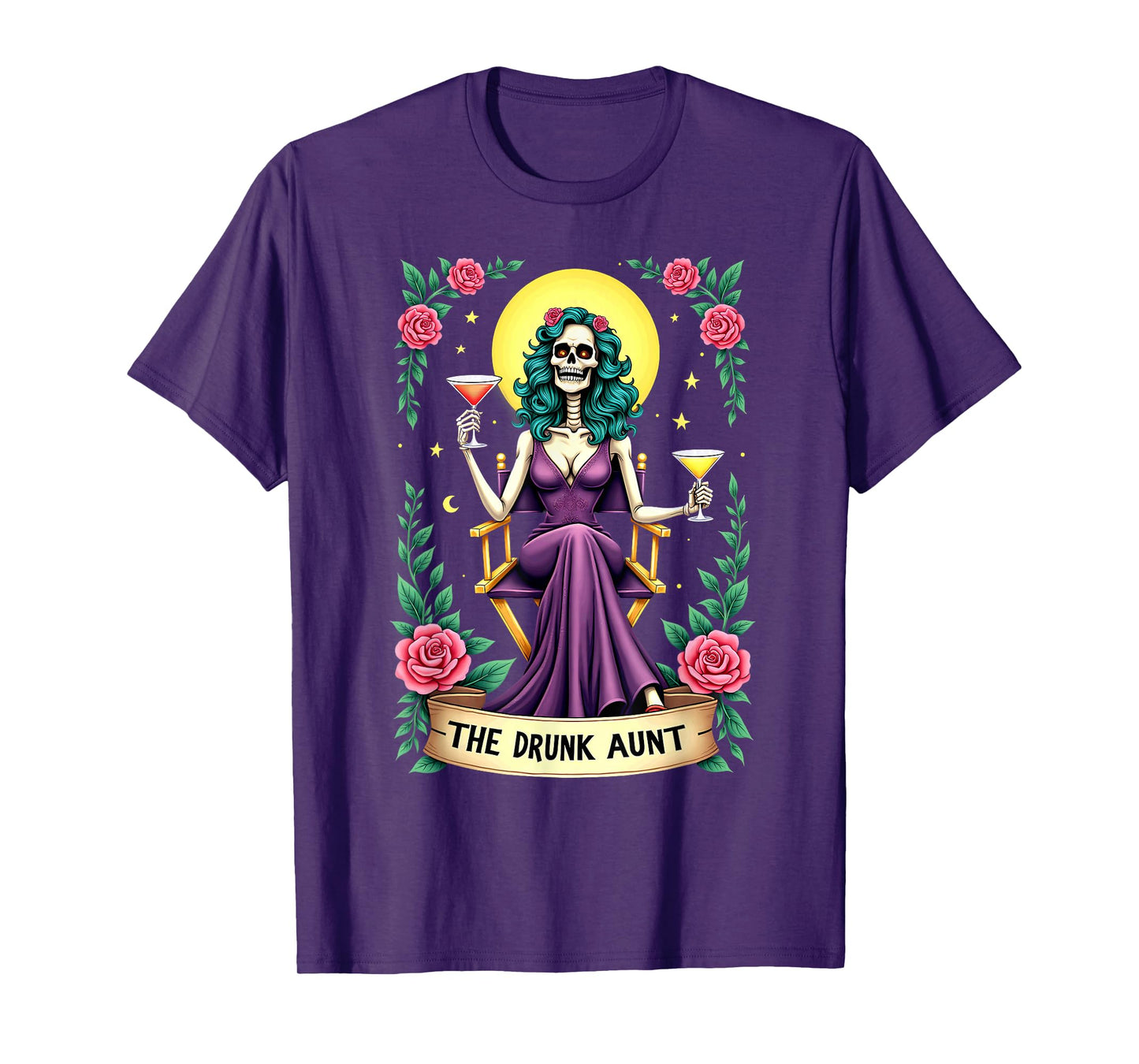 Gothic Tarot Card The Drunk Aunt Skeleton Halloween T-Shirt