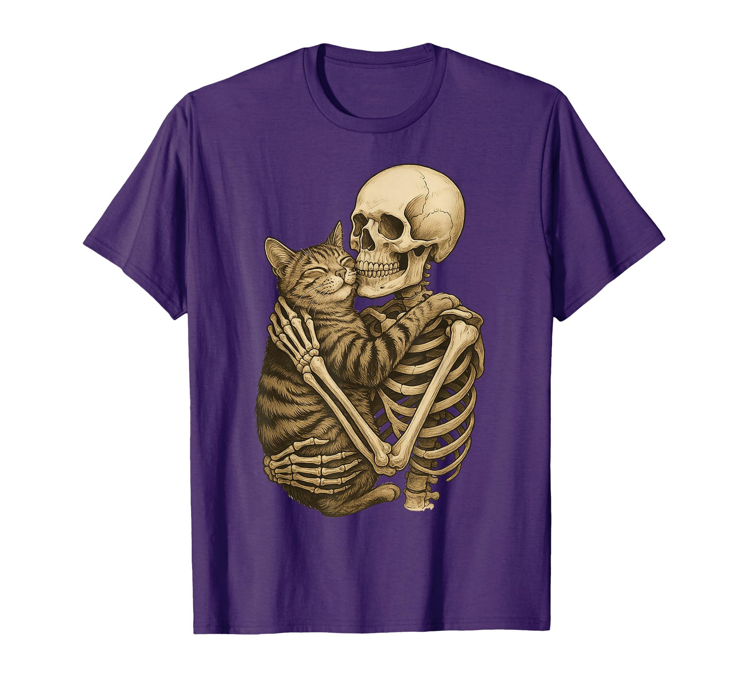 Skeleton Hugging Cat Sepia Art Gothic Pet Love T-Shirt