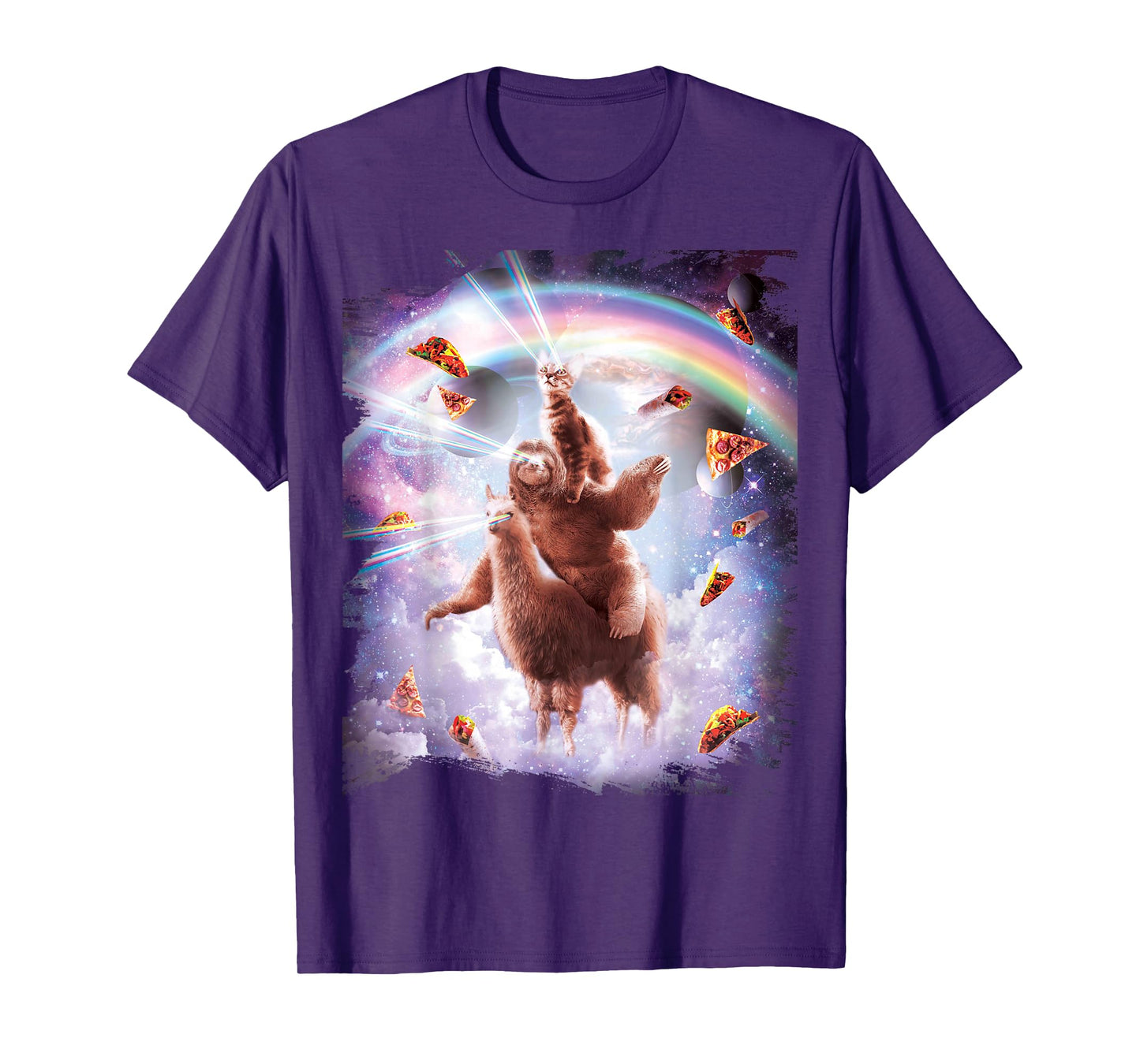 Laser Eyes Space Cat Riding Sloth Llama - Rainbow T-Shirt