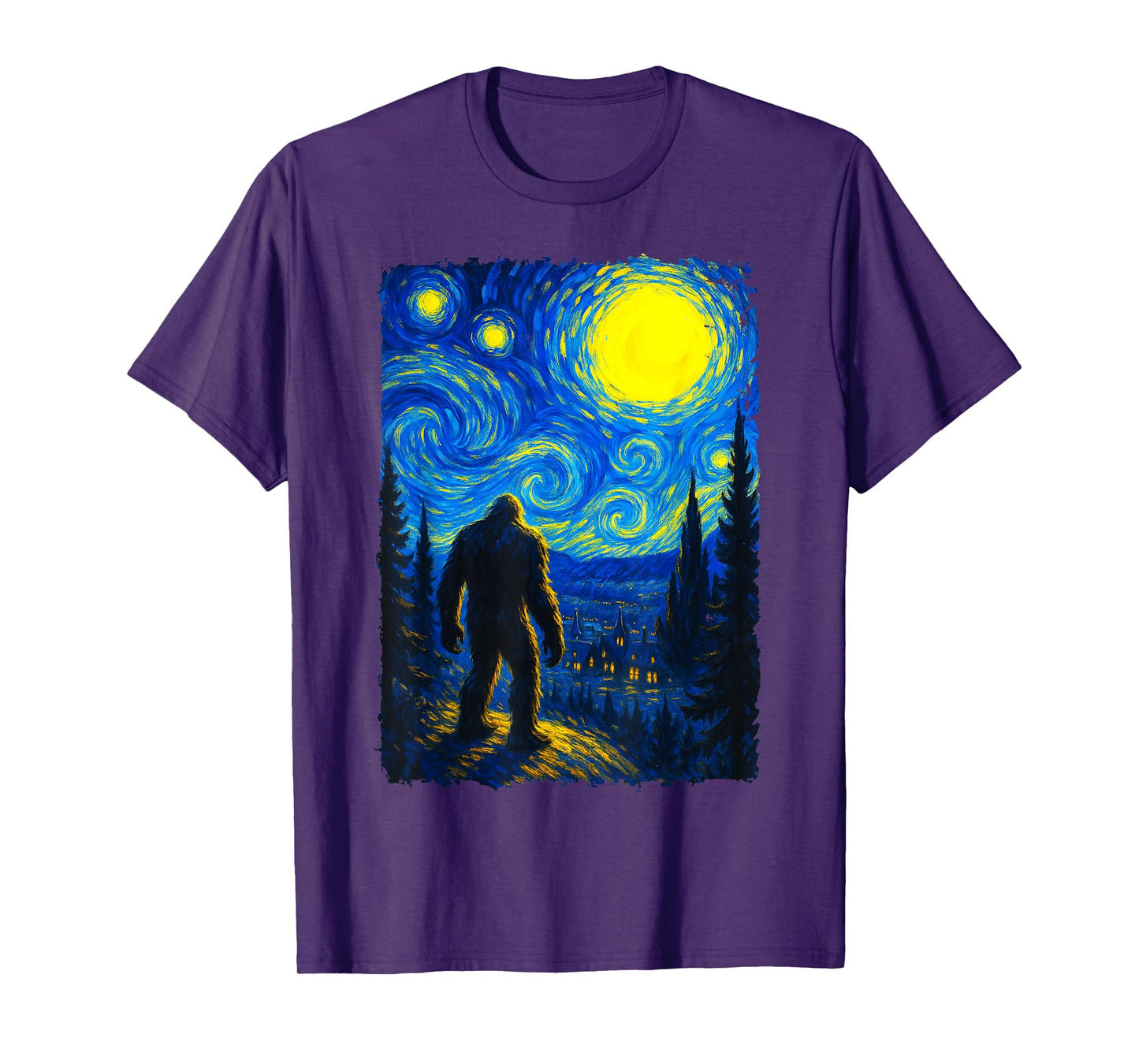 Bigfoot Starry Night Sasquatch Van Gogh Sky Painting Art T-Shirt