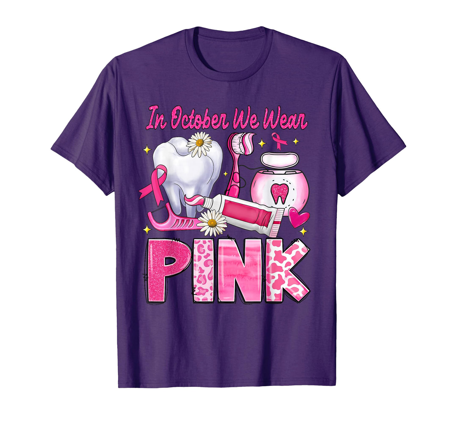 In October We Wear Pink Tooth Dental Leopard Breast Cancer T-Shirt