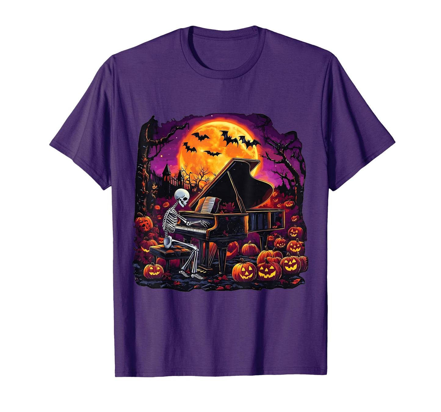 Skeleton Playing Piano with Ghost Funny Halloween Costume T-Shirt