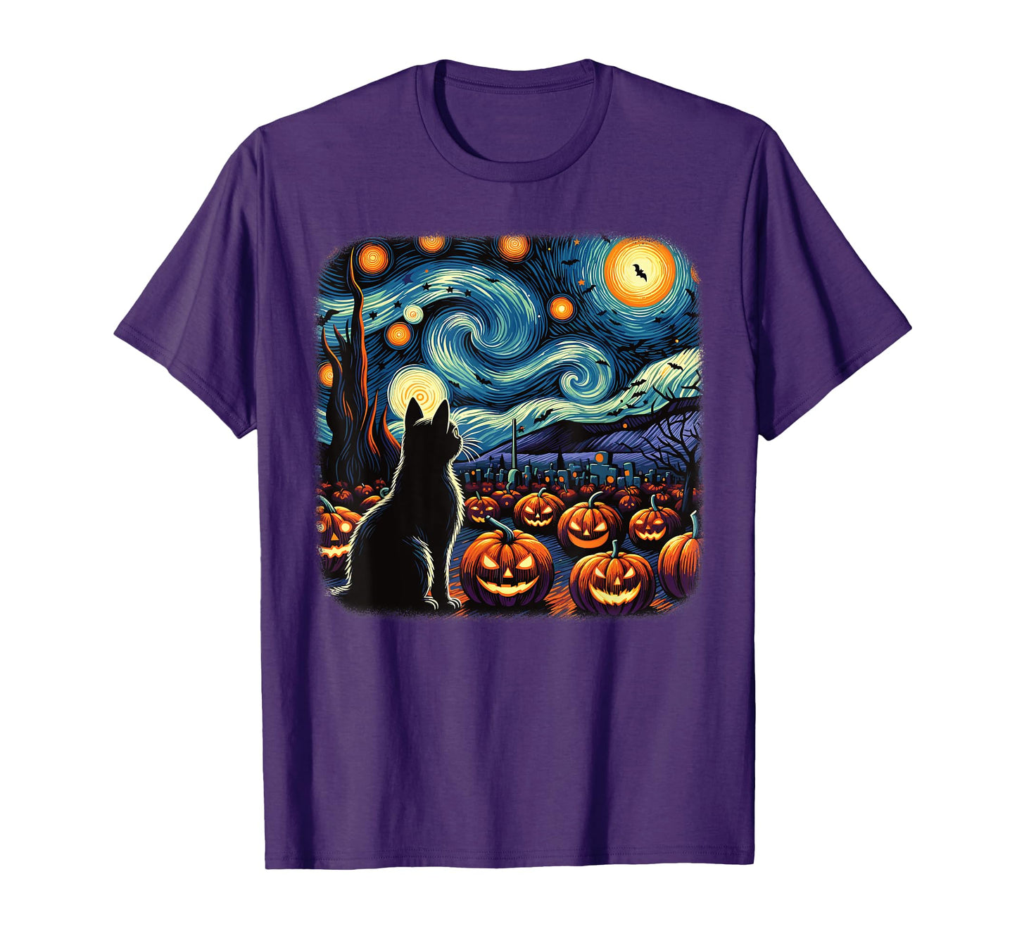 Halloween Black Cat Van Gogh Starry Night Pumpkins Bats Men Women Girls Kids T-Shirt