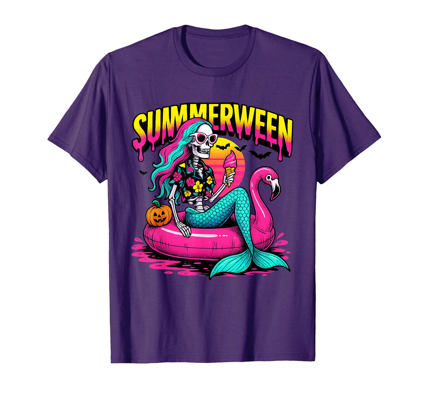 Summerween Skeleton Mermaid Halloween Flamingo T-Shirt