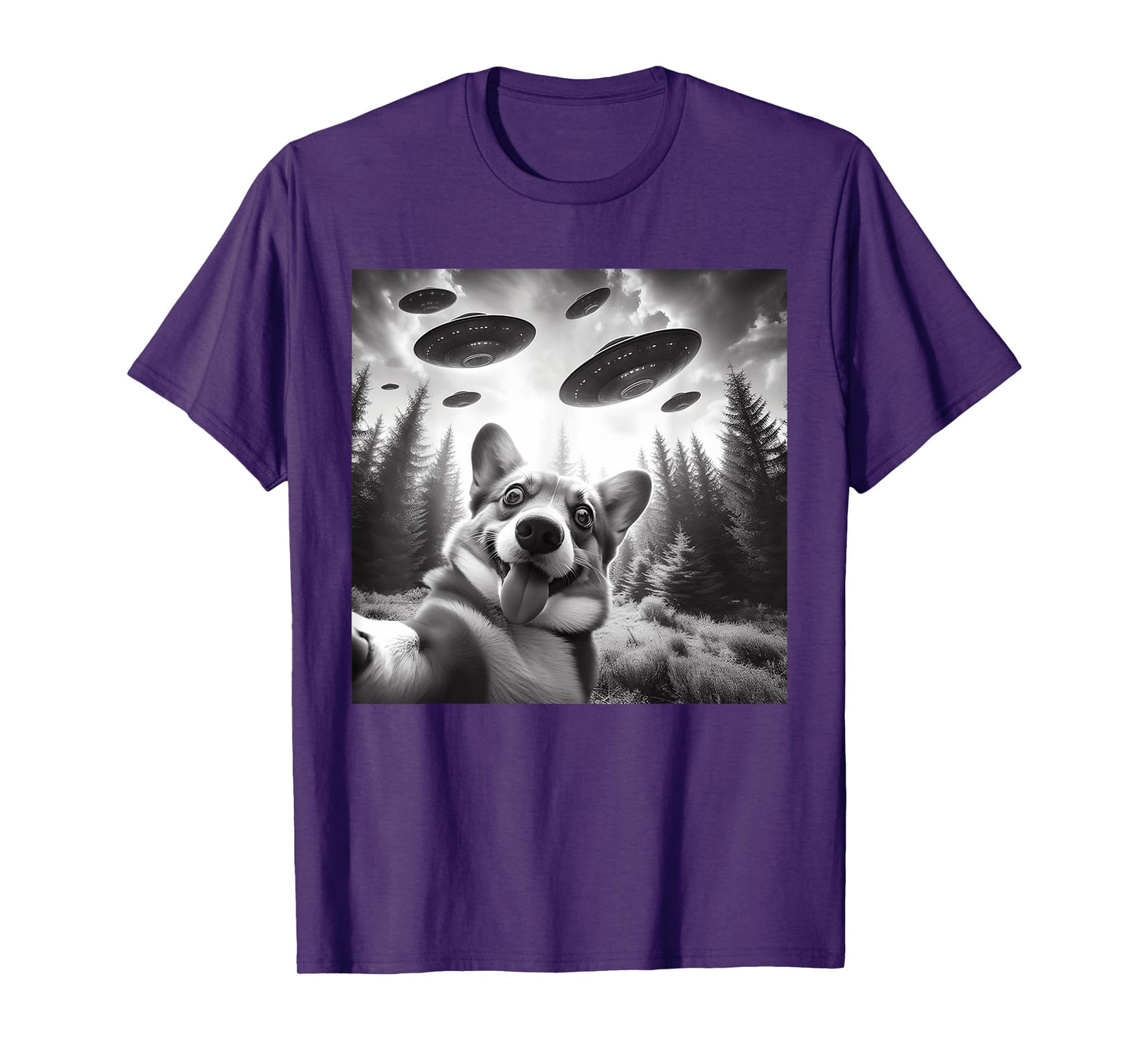 Corgi Dog Taking Selfie with UFOs Outer Space Alien Geeks Men Women Kids T-Shirt