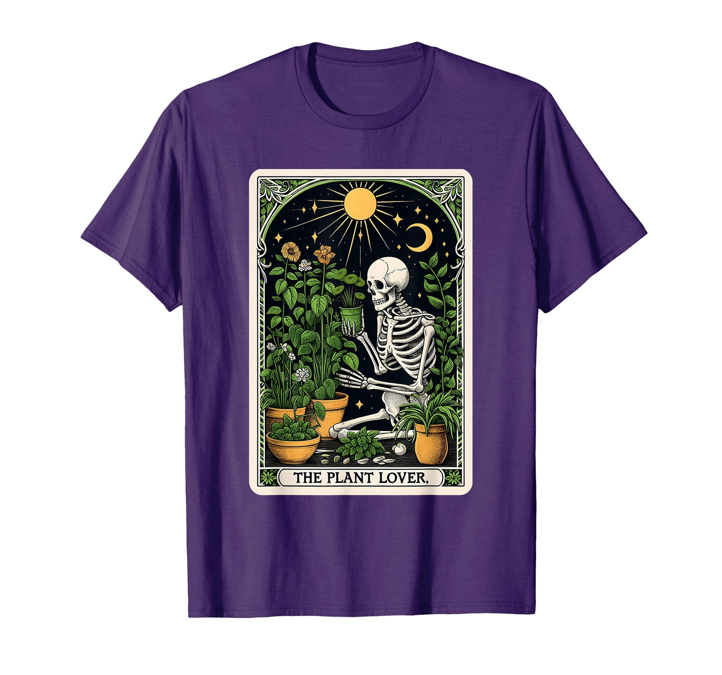The Plant Lover Tarot Card Halloween Skeleton Gardener Moon T-Shirt