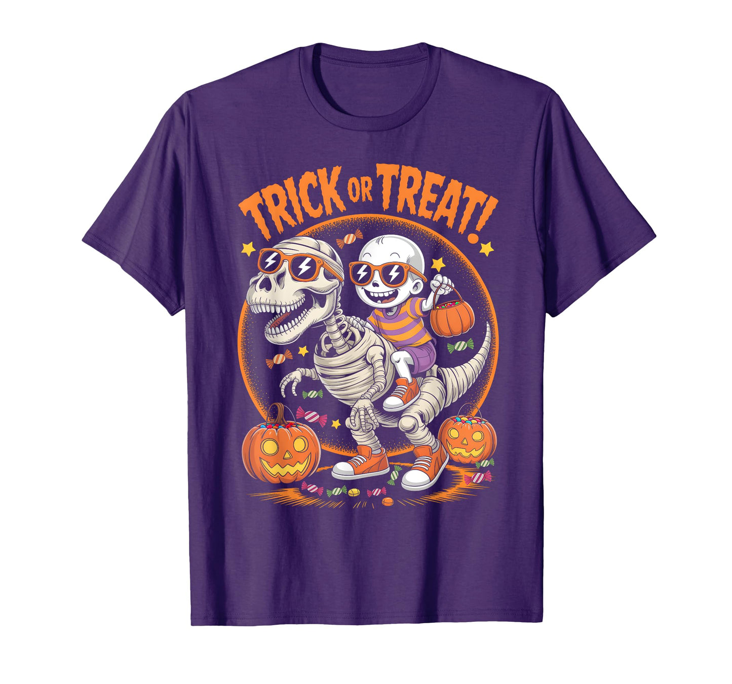 Trick or Treat T-rex Skeleton Riding Mummy Dinosaur for Kids T-Shirt
