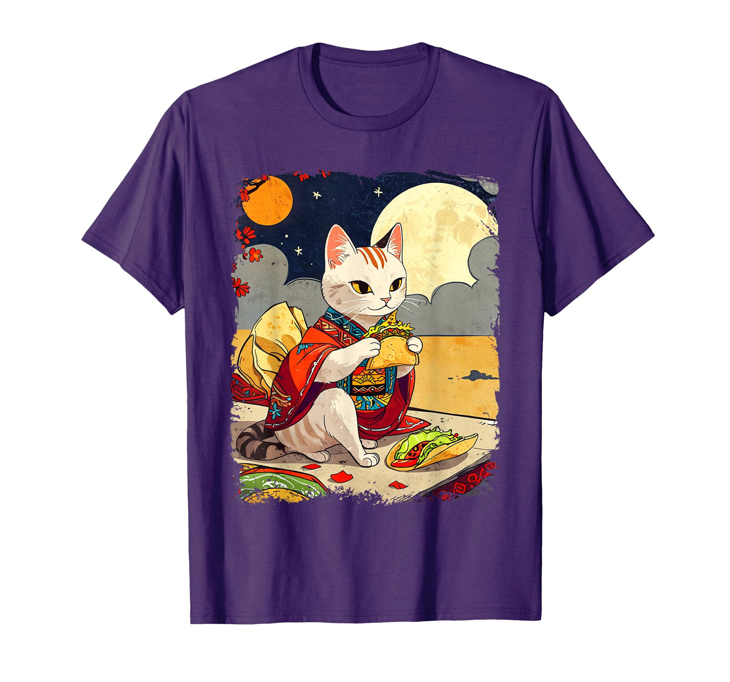 Cat Eating Tacos Funny Taco Cat Ukiyo-e Art Mexican Cat T-Shirt for Men Women Girls Kids