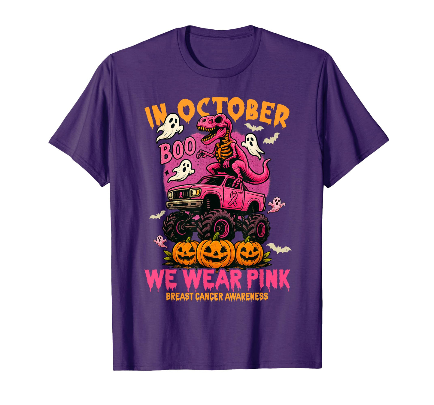 T Rex Dinosaur and Monster Truck We Wear Pink Breast Cancer T-Shirt