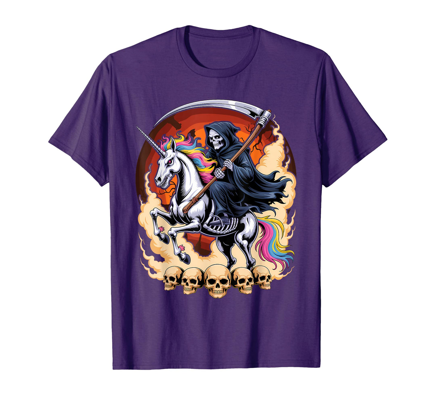 Grim Reaper Riding Unicorn Skeleton Skull Death Halloween T-Shirt