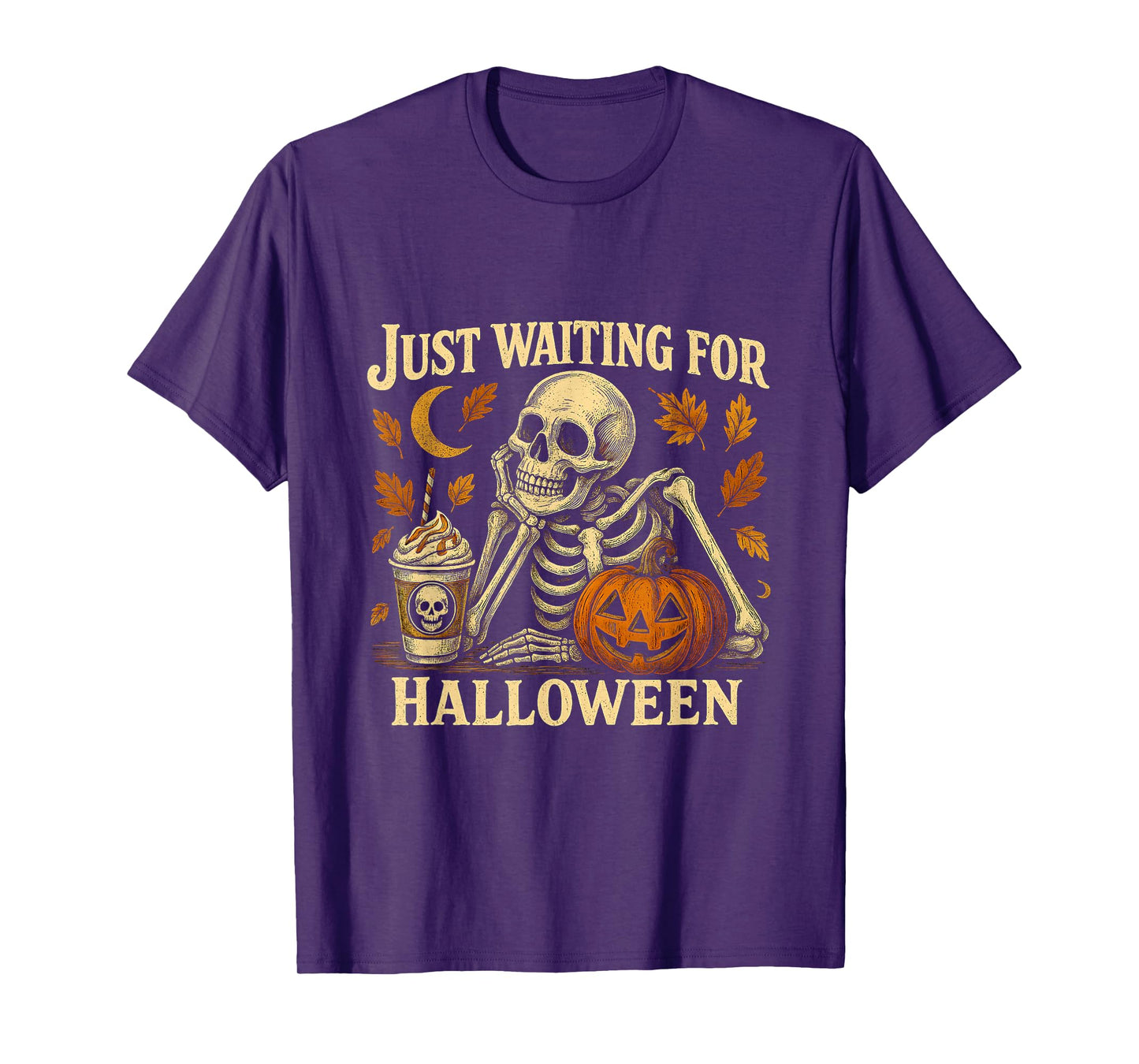 Just Waiting for Halloween | Skeleton Pumpkin Design T-Shirt