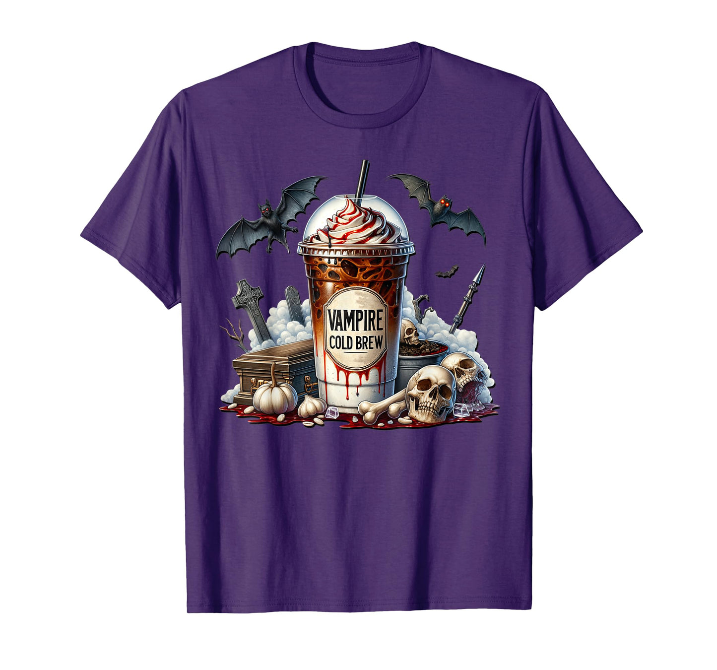 Vampire Coffee Cup Graphic for Women and Men Halloween Bat T-Shirt
