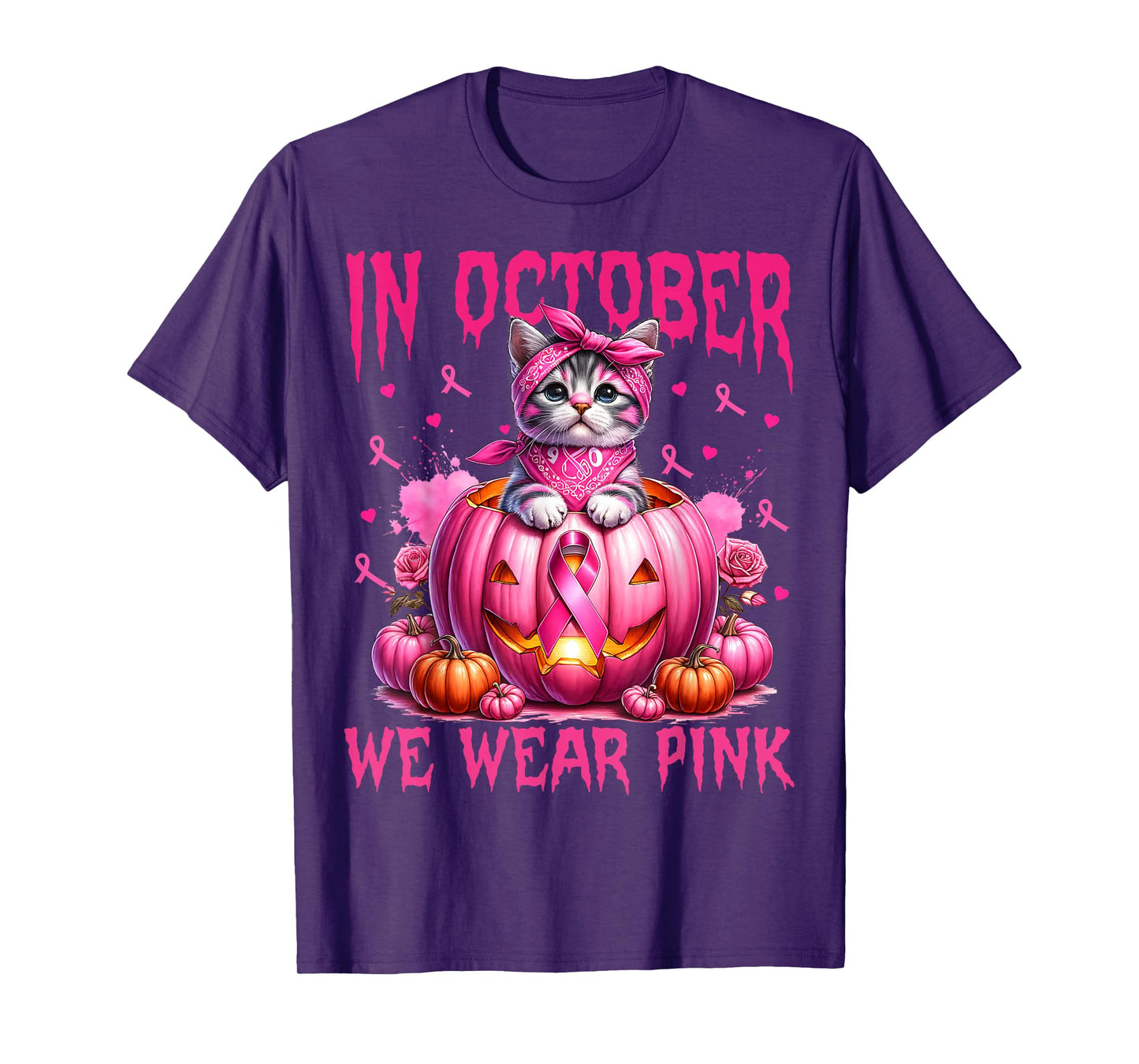 in October We Wear Pink Cat Ribbon Breast Cancer Awareness T-Shirt