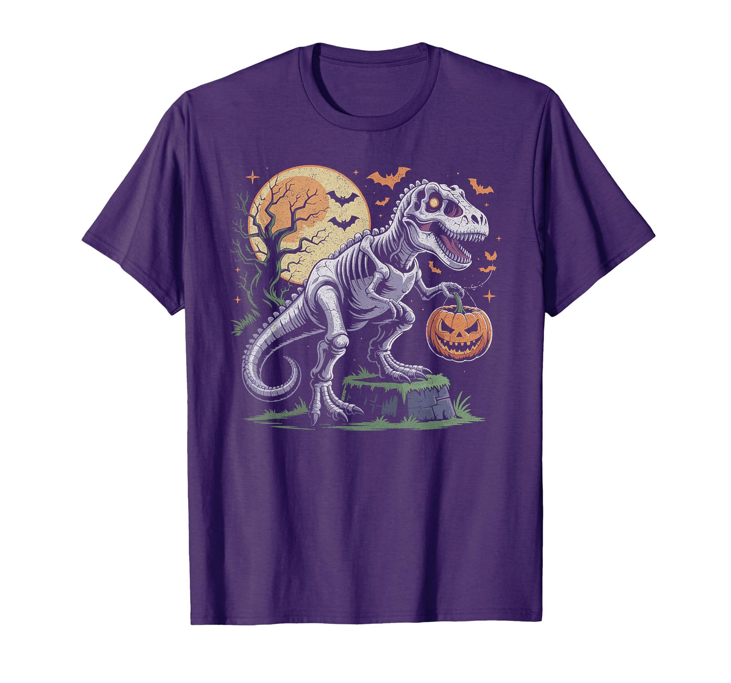 Halloween Dinosaur Skeleton T-rex Pumpkin Moon Boys Girls T-Shirt