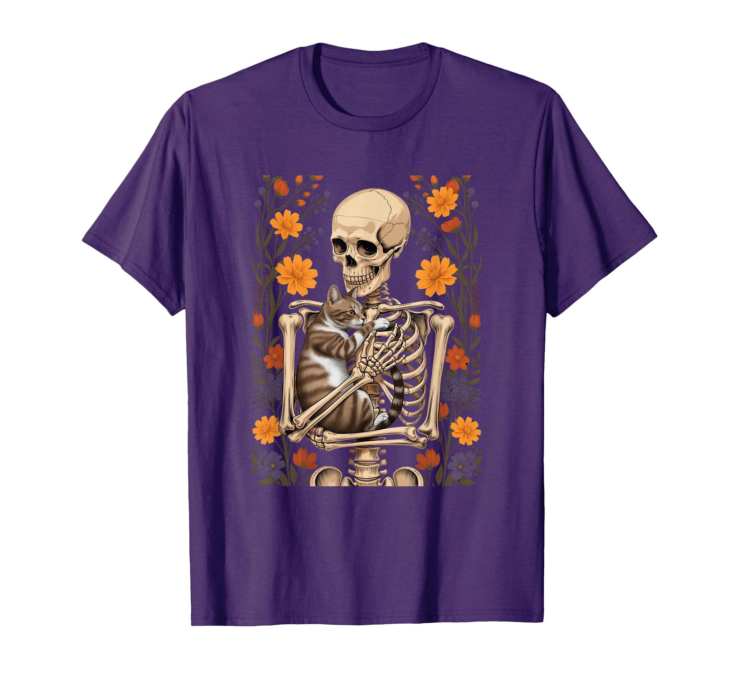Funny Skeleton Hugging Cat Floral Halloween Cats Lover T-Shirt