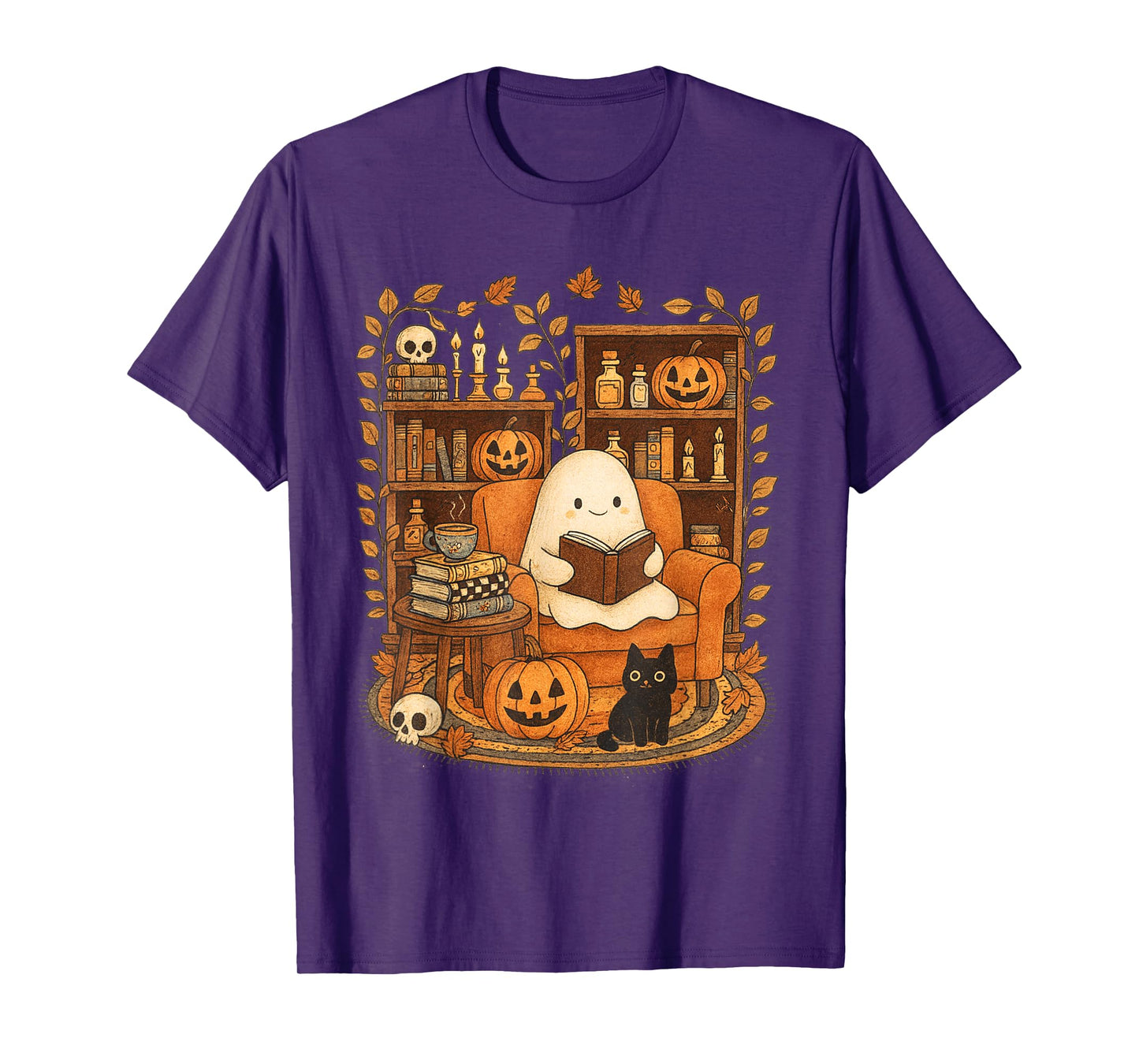 Halloween Cute Ghost Reading Book Lover Bookish Pumpkin Fall T-Shirt