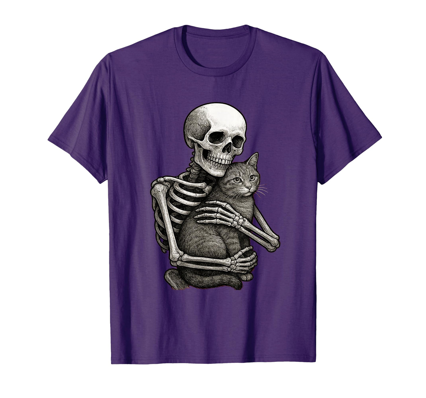 Skeleton Hugging Cat Halloween Cat Lover Cat Mom Dad T-Shirt