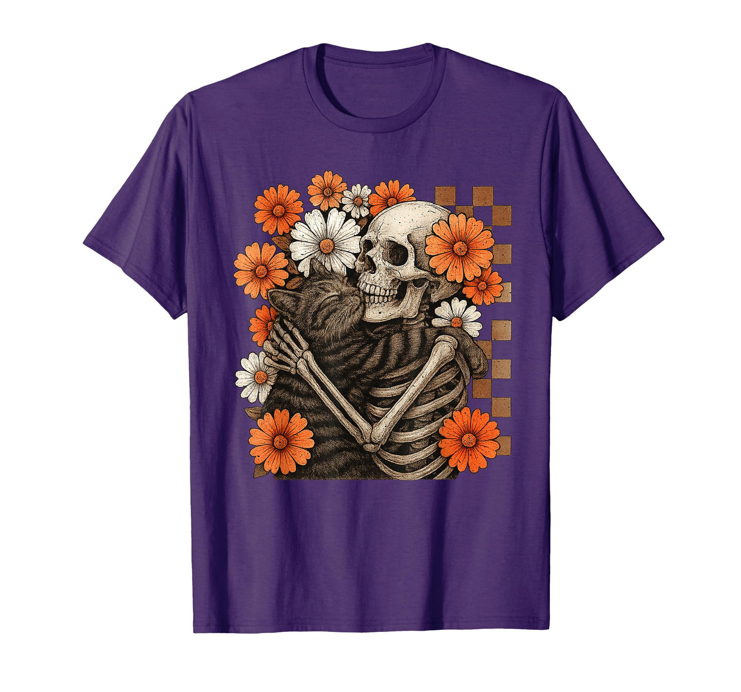 Floral Checkered Skeleton Hugging Cat Halloween T-Shirt