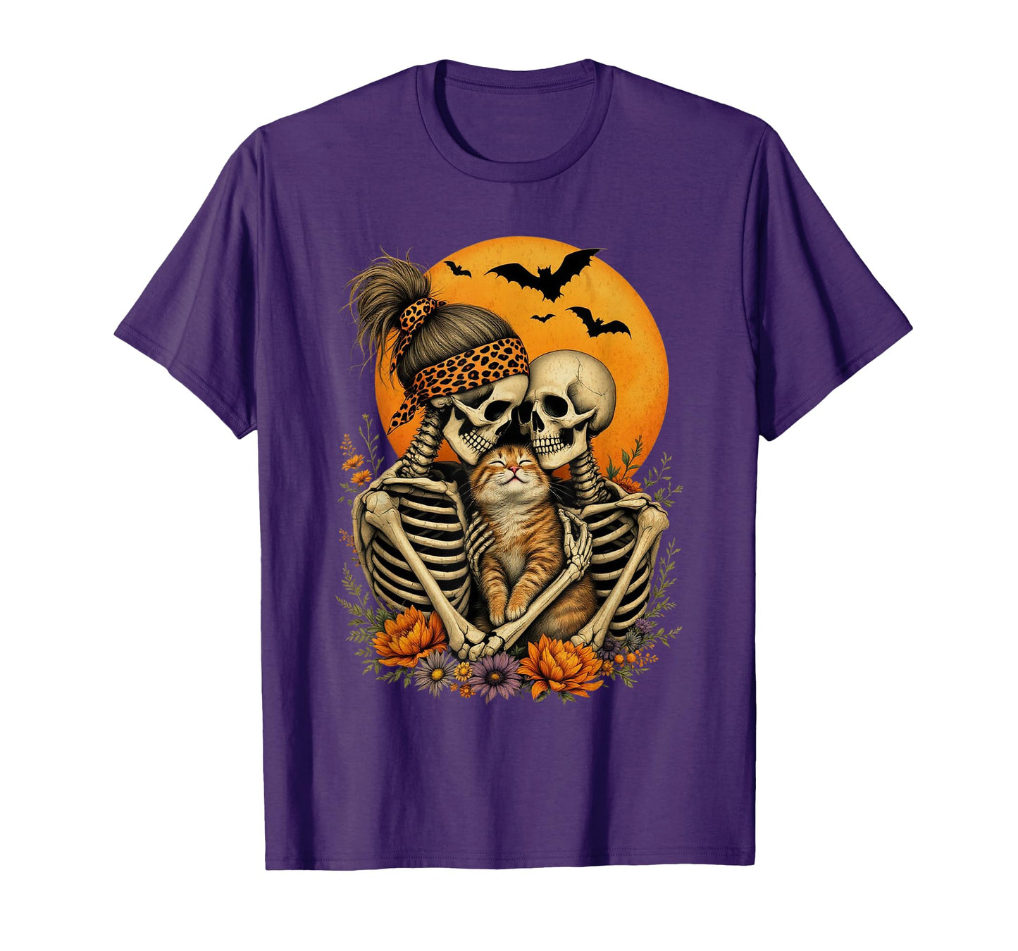 Skeleton Hugging Cat Floral Halloween Cat Lover Mom Costume T-Shirt