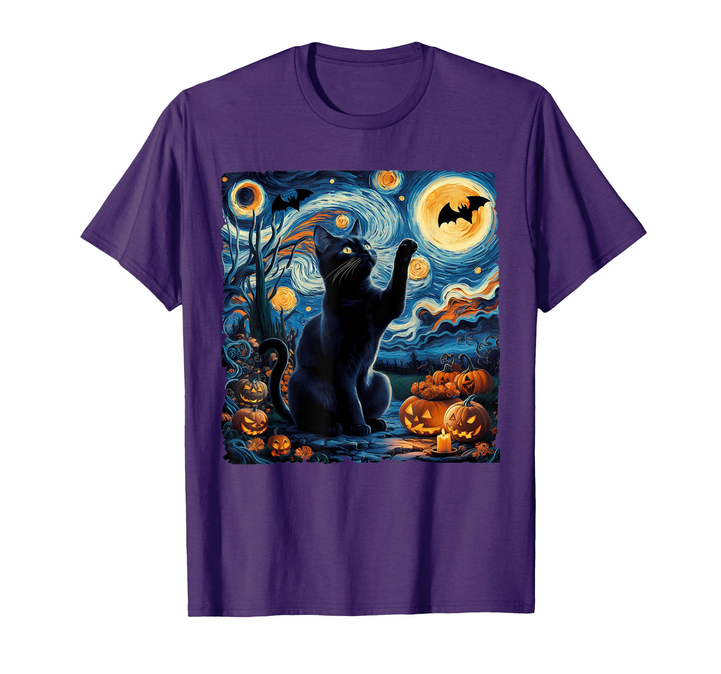 Halloween Van Gogh' Starry Night Black Cat Pumpkins Bats T-Shirt for Men Women Kids