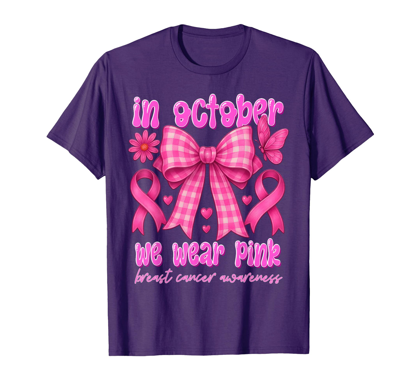 in October We Wear Pink Breast Cancer Awareness Coquette Bow T-Shirt