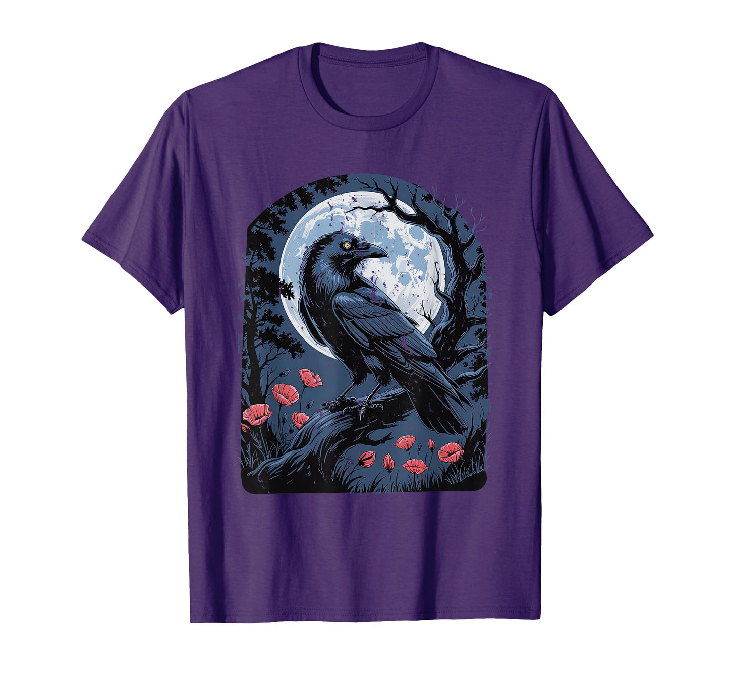 Raven with Poppies Moon and Flowers Gothic Botanical Crow T-Shirt