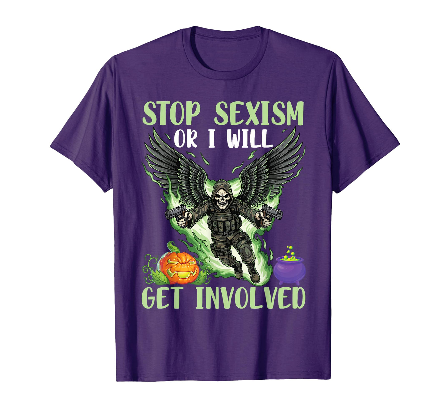 Stop Sexism Skeleton Angel Wings Halloween Pumpkin Cauldron T-Shirt
