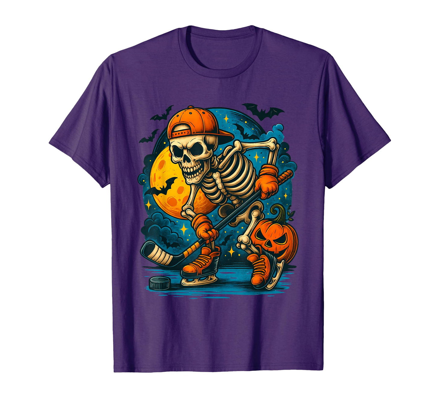 Halloween Skeleton Playing Ice Hockey Pumpkins Kids Boys Tee T-Shirt