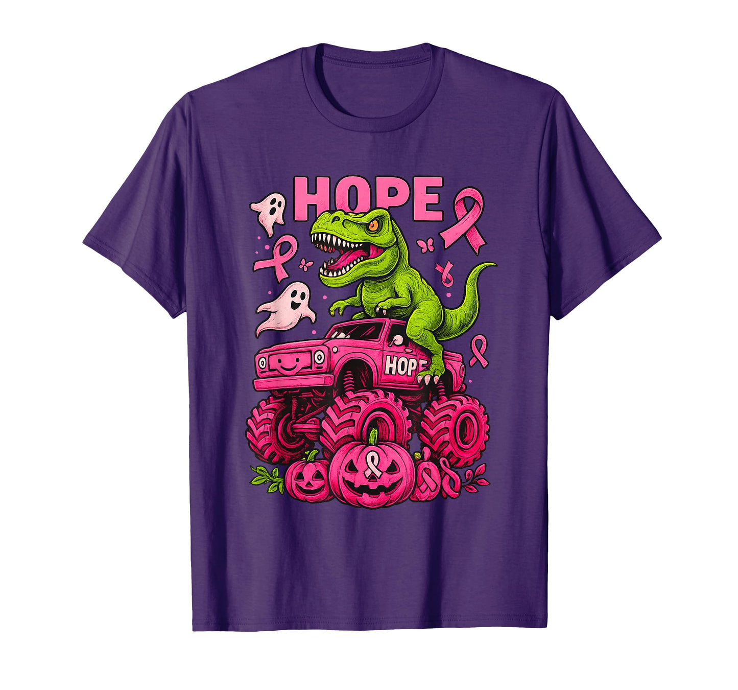Dinosaur T Rex Riding Monster Truck Pink Breast Cancer T-Shirt