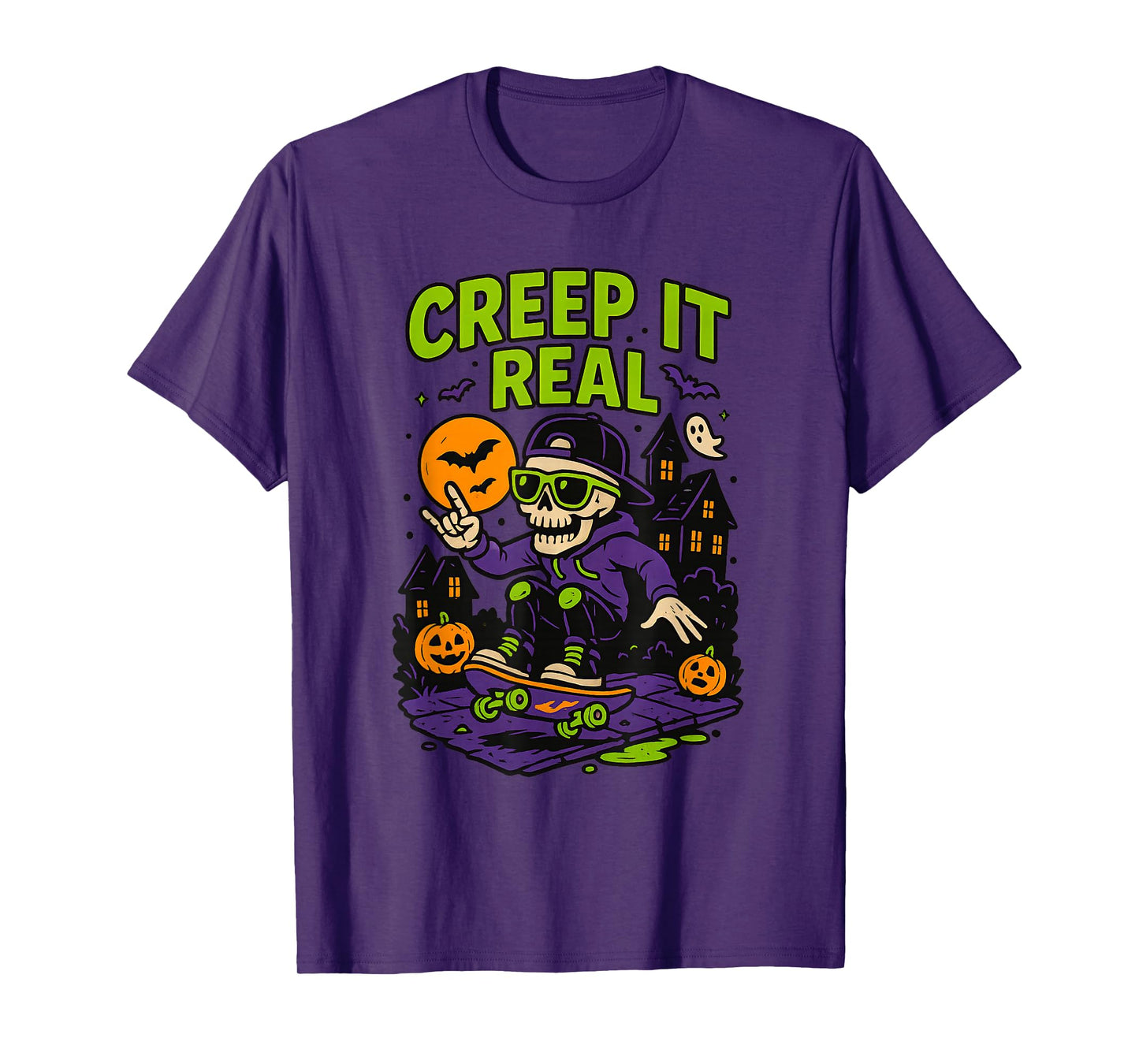 Creep It Real Halloween Skeleton Skateboarding Spooky Design T-Shirt