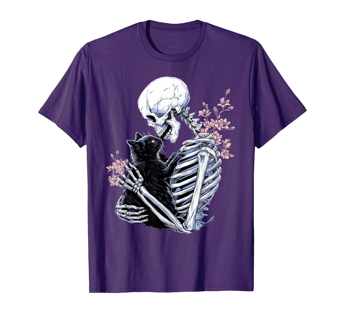 Skeleton Hugging Black Cat Floral Halloween Cats Mom Lover T-Shirt