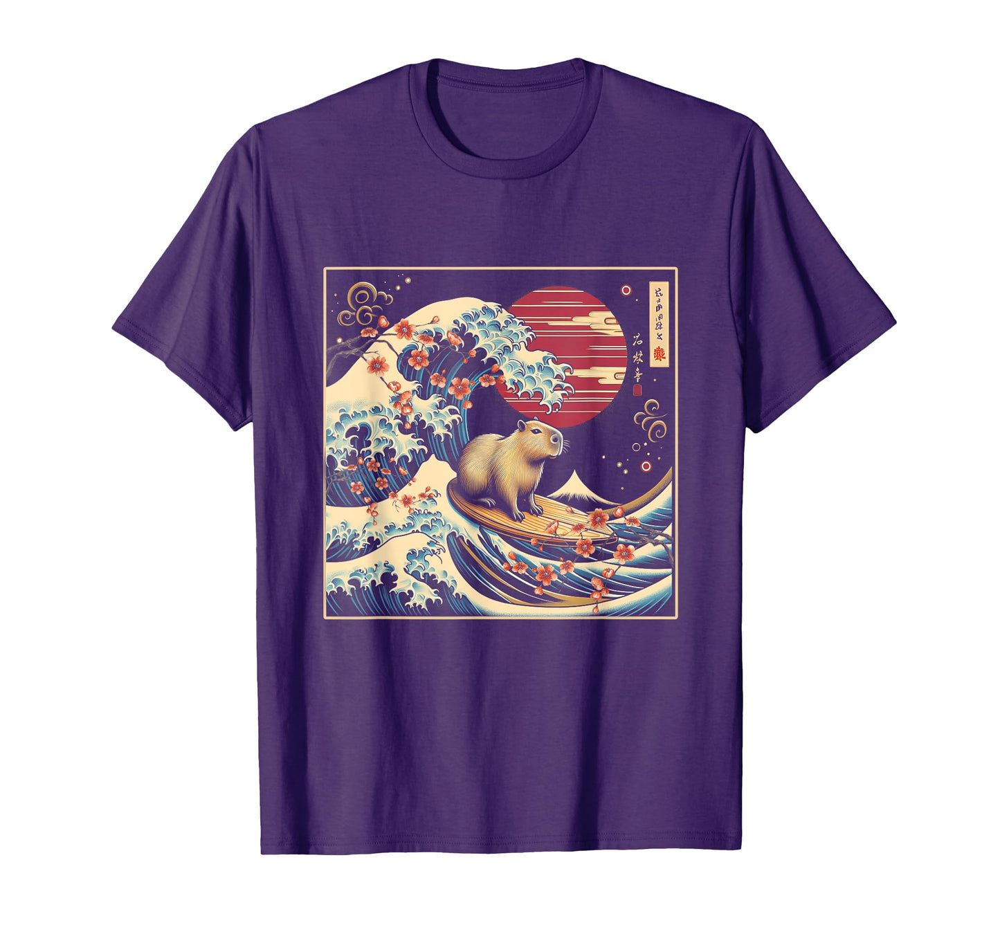 Capybara Waving Surfing Japanese Art GreatWave Sunset T-Shirt