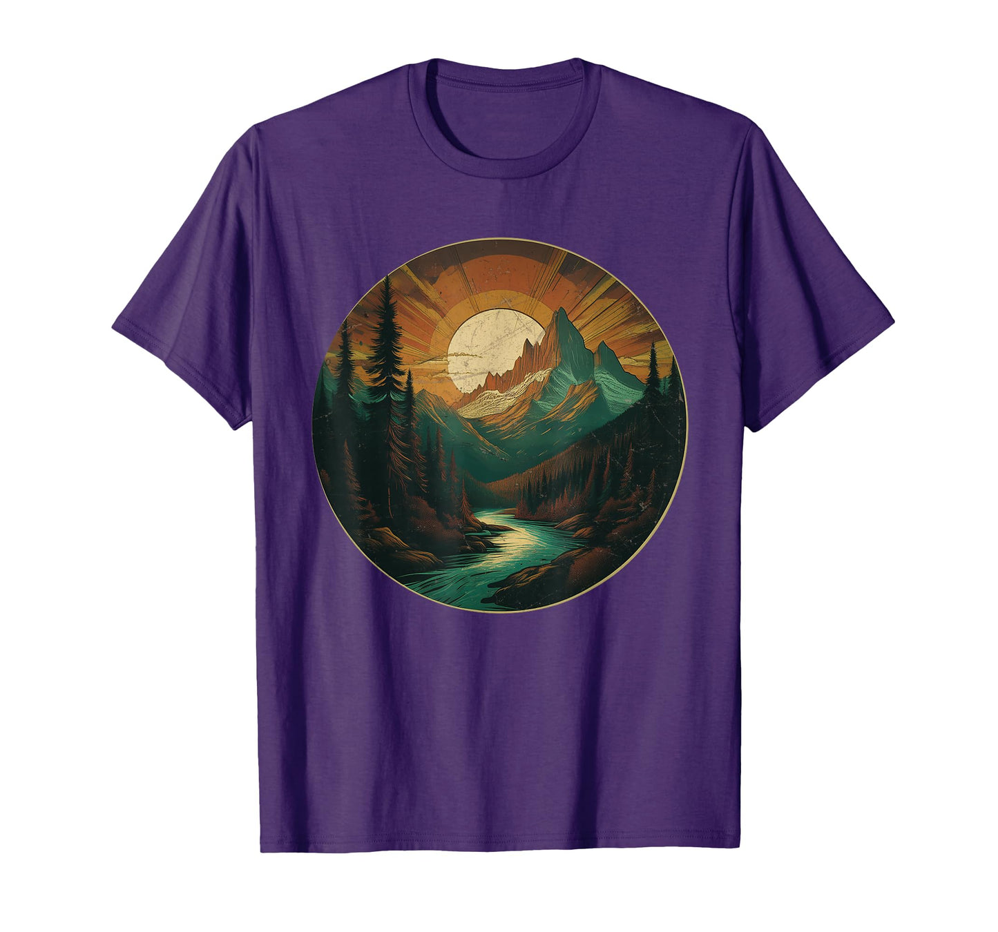 Sunset Over Mountain + Evergreen Forest Vintage Look Graphic T-Shirt